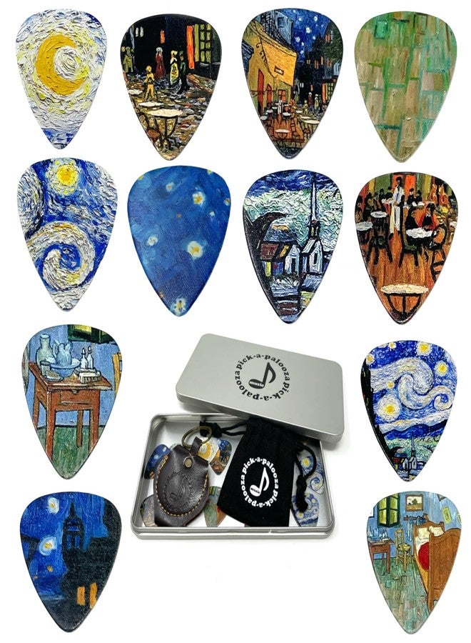 Pick-a-Palooza Impressionist Guitar Picks Gift Set For Guitarist - 12 Pack Light/Medium/Heavy, Custom Collectible Tin, Leather Pick Holder, Custom Drawstring Carry Bag - Image 1